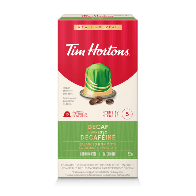 TIM HORTONS Nespresso Compatible capsules -DECAF with a front-facing red and green box displaying a green and gold aluminum coffee capsule and coffee beans, containing 10 decaffeinated espresso capsules with intensity 5, balanced and smooth ground coffee compatible with Nespresso Original Line machines.