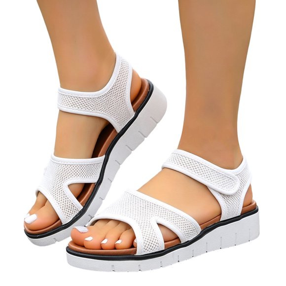 Women's Wedge Sandals Open Toe Breathable Woven Soft Sole Non Slip Walking Slides Shoes with Hook and Loop White Size 7