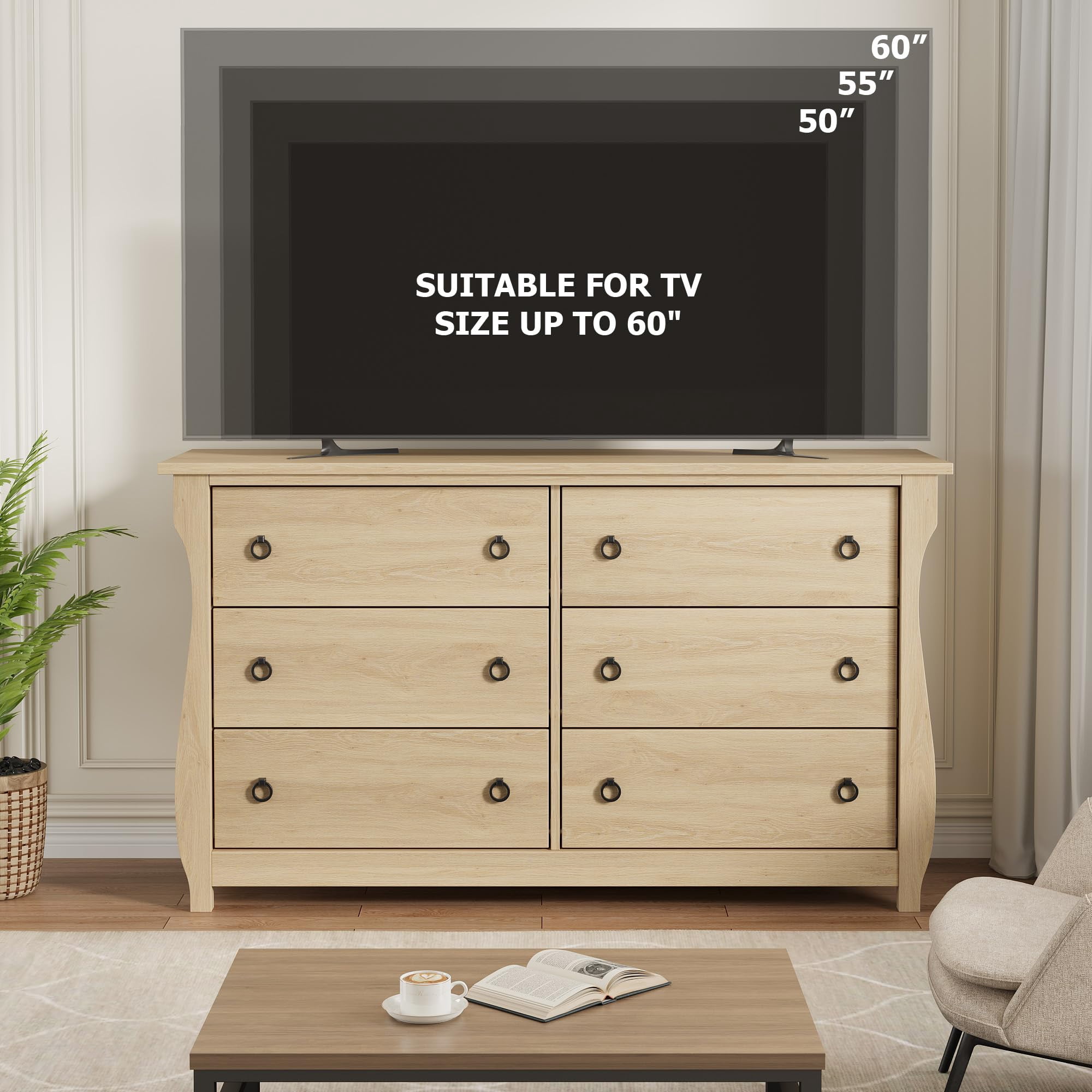 AKDSteel Commode à 6 Tiroirs pour Chambre, Commode à Tiroirs de 47,2 Pouces de Large avec Rangement Autoportante, Coffre de Rangement en Bois pour Salon, Chambre, Entrée