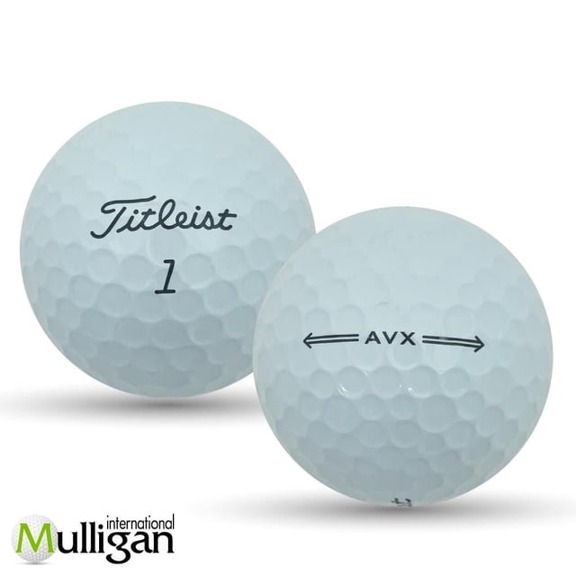 Mulligan - 48 Titleist AVX 5A Recycled Used Golf Balls, White featuring two white dimpled golf balls, one with the Titleist logo and number 1, the other marked AVX, offering eco-friendly recycled golf balls ideal for advanced golf players.