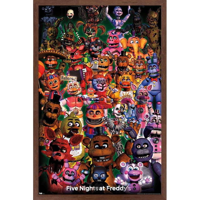 Five Nights at Freddy's - Affiche Murale de Groupe Ultime, 22,375 Po x 34 Po Encadrée, Présentant un collage vibrant de Personnages Animatroniques de la Série de Jeux avec des expressions Variées et des designs Colorés sur un Fond Vert Foncé avec des Étoiles, Parfait pour Décorer des Chambres, des Bureaux Ou des Salles de Jeux.