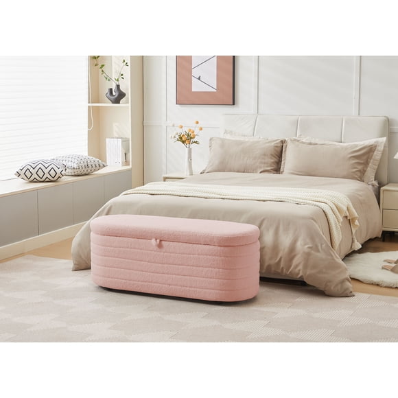 Comfort Stretch Banc Ottoman de Rangement en Peluche Rose 45 X 16,5 Po, Repose-Pieds Ovale avec Pattes Antidérapantes