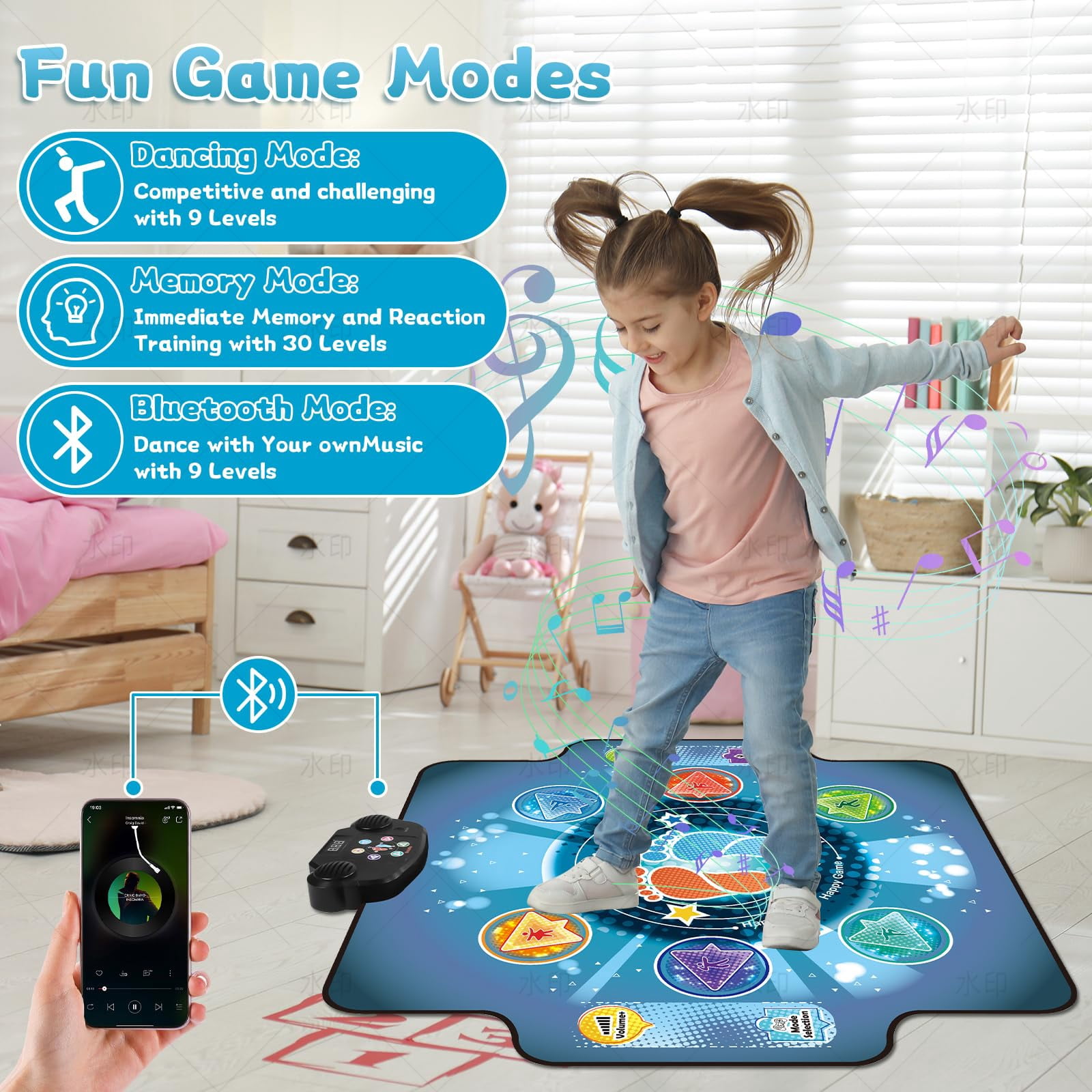 Tapis De Danse Musical Bluetooth – 6 Lumières LED – 5 Modes – 90x78 Cm – Cadeau Anniversaire/Noël