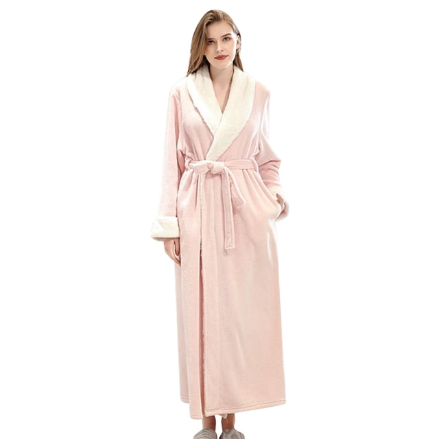 WZXFASHION Womens Fleece Robe Soft Plush Bathrobe Fluffy Cute Long Coat Night Robe WomenRobes Pink L