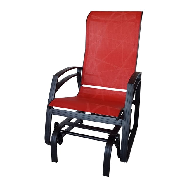 Dura Kansas Aluminum Frame Chair with black aluminum frame and red maintenance-free sling-tex fabric, designed as a single outdoor glider chair with curved armrests and smooth gliding base, ideal for patio or deck seating and outdoor relaxation.