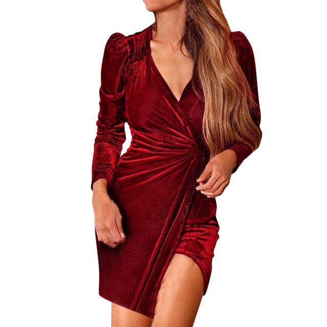 Ketyyh-chn99 Robes de Soirée pour Femmes Robe de Mariage Col en V Manches Courtes Robe de Soirée Élégante Robe Maxi de Fête Rouge,P