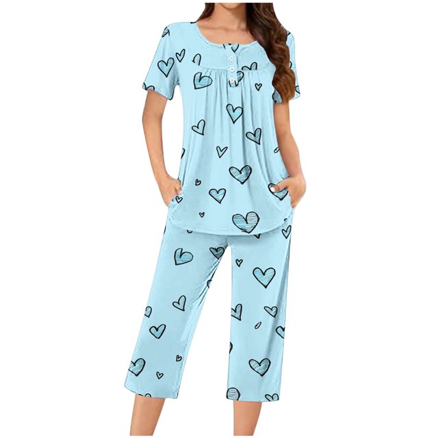 Jamicy Pyjama en Flanelle pour Femmes, Mode Décontractée, Ample, Imprimé, Col Rond, à Boutons, Ensemble de Pyjama Capri, Pyjama d'Halloween