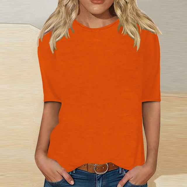 CFLVAEK T-Shirts à Manches 1/2 pour Femmes Été Décontracté Chemise Unie Coupe Ample Basique Col Ras du Cou