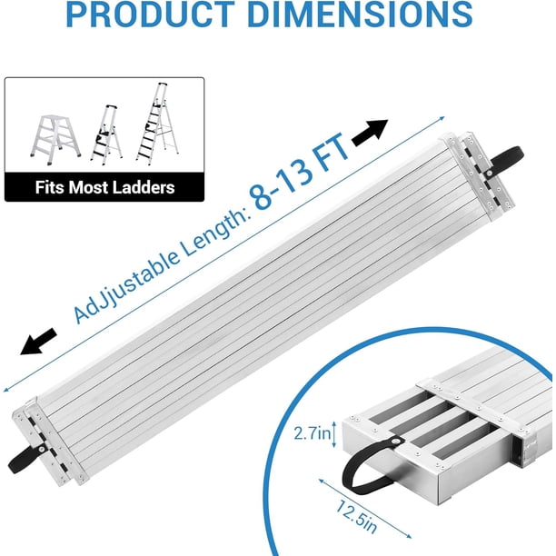 Telescoping Aluminum Work Plank – 8 To 13 Feet, 440 Lbs Capacity, 12.5 Inch Wide Non-Slip Platform For Painting, Repair, Cleaning & Scaffolding