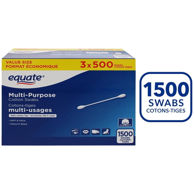 Equate Boîtes Format Économique de Cotons-Tiges Polyvalents Contenant 1500 Cotons-Tiges Doux et Épais avec Embouts 100 % Coton, Idéal pour l'Application du Maquillage, le Soin des Ongles et la Peau de Bébé, Présenté dans un Emballage recyclable Bleu et Jaune avec Icônes d'Utilisation.