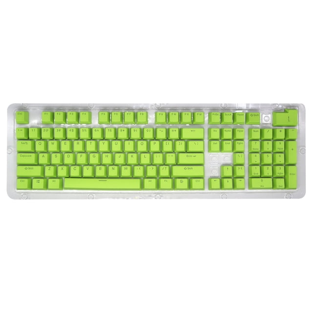 EGNMCR Keyboard Gaming Keyboard 104 Keys Cap Colorful-Backlit Gaming Keycap Replacement Mechanical Keyboard with 104 lime green keycaps in a QWERTY layout. The keycaps are crafted with a durable two-color injection molding process for fade resistance and ergonomic OEM profile for comfortable typing. Displayed on a transparent tray, these keycaps are ideal for gaming accessories and keyboard customization, compatible with mechanical keyboards featuring standard space bar and enter key dimensions.