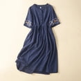 thumbnail image 2 of Sentmoon Robe en Lin pour Femmes à Col Rond à Manches Courtes Robes Bohèmes pour Femmes Broderie Coupe Ample à Lacets Été Grande Taille Robe de Plage Décontractée Articles de Plage pour L'Été et les Vacances L, 2 of 9