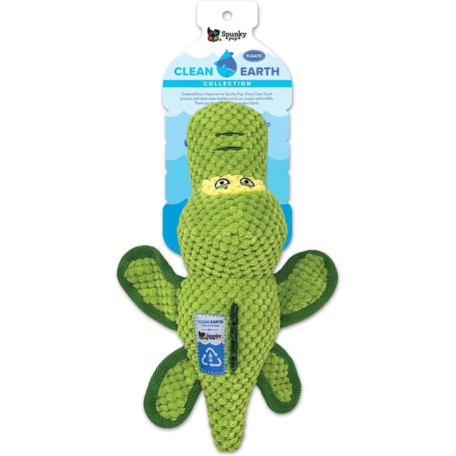 Clean Earth Plush - Textured Gator Dog Toy by Spunky Pup, a green textured plush alligator dog toy made from 100% recycled PETE plastic bottles, featuring embroidered eyes, four legs with dark green trim, a blue sustainability tag, and packaging highlighting its eco-friendly, floating design and recyclability, suitable for water play.