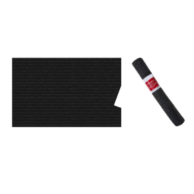Utility Floor Mat 18'X30' in black polyester with ribbed texture, shown flat and rolled, featuring non-skid backing to prevent slipping, ideal for protecting floors in kitchens, bathrooms, or entryways, and machine washable for easy care.
