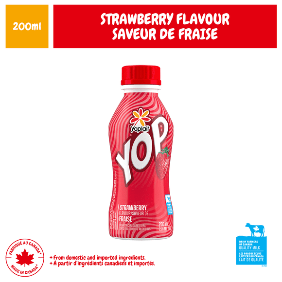 Yoplait Yop 1.5% Drinkable Yogurt, Strawberry, Yogurt Drink, Kids Snacks 200 mL