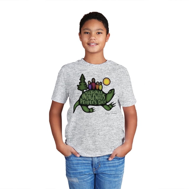 Gray kids t-shirt featuring a green turtle illustration with trees, sun, and figures on its back along with the text National Indigenous Peoples Day.