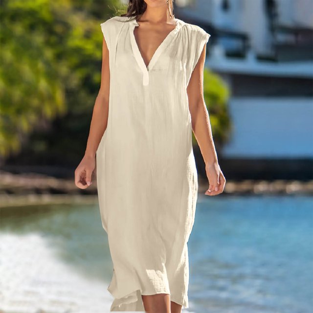 EGNMCR Robes de Fête pour Femmes Robe Débardeur Décontractée Sans Manches de Printemps/été pour Femmes, Unie, avec Poches, Col Rond, Plissée, en Coton et Lin