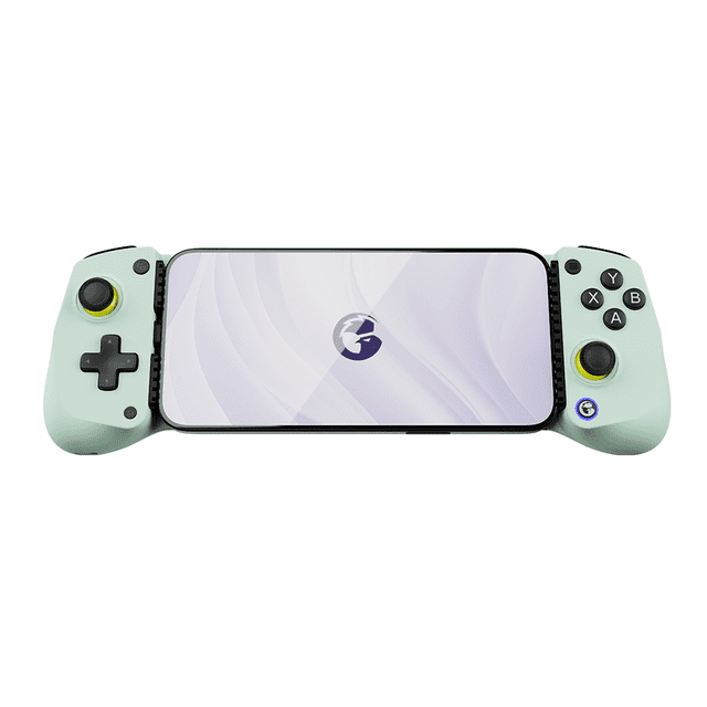 GameSir X5 Lite Mobile Gaming Controller with Hall Effect Sticks, Turbo Customization, and Pass-Through Charging, shown attached to a smartphone. The controller features a lightweight design with ergonomic grips, cushioned membrane triggers, and customizable buttons. Compatible with iPhone 16/15 series, iPad mini, and Android devices measuring 105mm-213mm. The image highlights the controller's seamless connectivity and precise Hall Effect sticks for enhanced gaming performance.