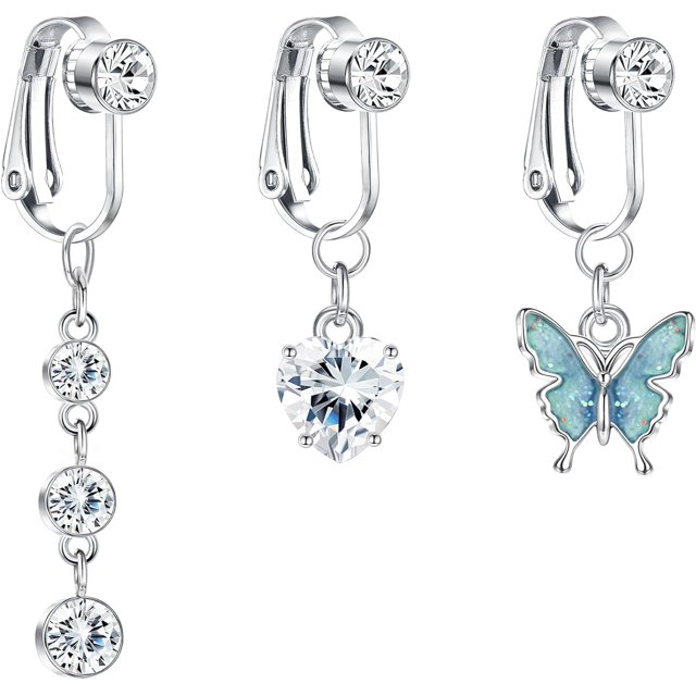 LAICAIW 3 PCS Fake Belly Ring For Women Fake Belly Piercing Dangle Clip On Belly Button Rings CZ Snake Butterfly Faux Belly Button Piercing Stainless Steel Fake Navel Rings Non Pierced