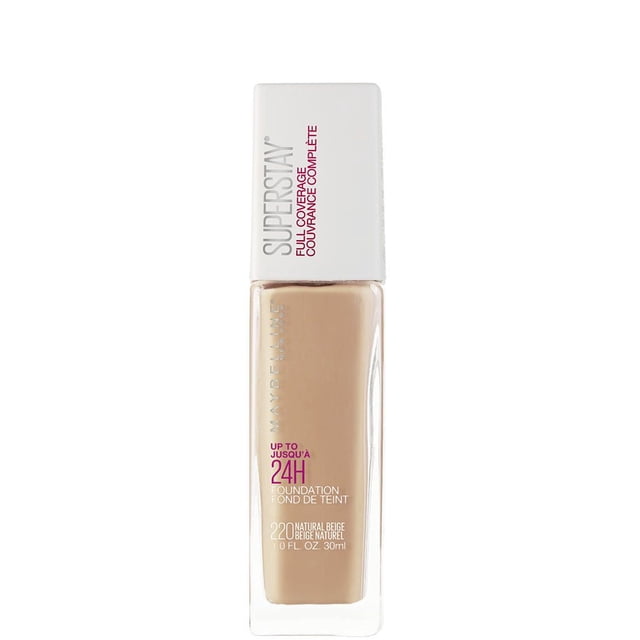 Maybelline New York Super Stay® Full Coverage Foundation, 30 ml in shade 220 Natural Beige, shown in a clear rectangular glass bottle with a white cap, offering up to 24-hour wear with full coverage and a lightweight, oil-free formula for a flawless finish.