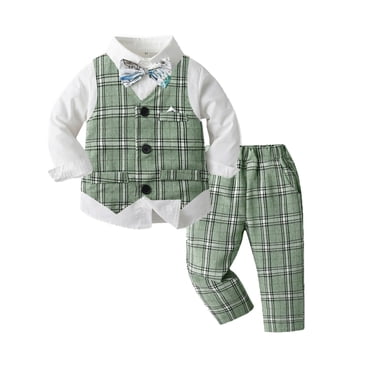 Clothes for 1 Year Old Boy Bowtie Dress Shirt with Bowtie Vest Pants 4 Pieces Gentleman Wedding Outfit Boy Baptism Outfit for Toddler Boys 12-18 Months