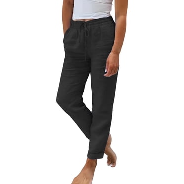 2025 Women's Casual Pants Ladies Summer Elastic High Womens Pants Casual Work Wide Leg Waist Solid Color Cotton Womens Pants Rompers for Summer Casual Linen Wide Leg Loose