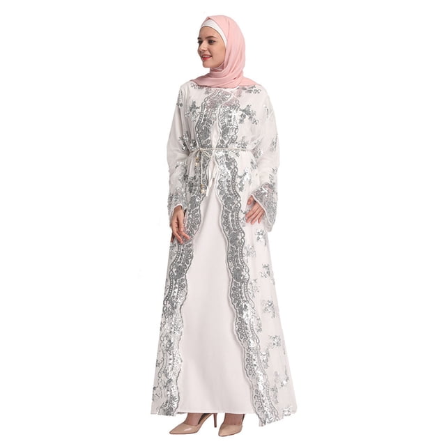 Lace Maxi Dress for Women Muslim Women Lace Sequin Cardigan Maxi Dress Kimono Open Abaya Robe Kaftan Dubai