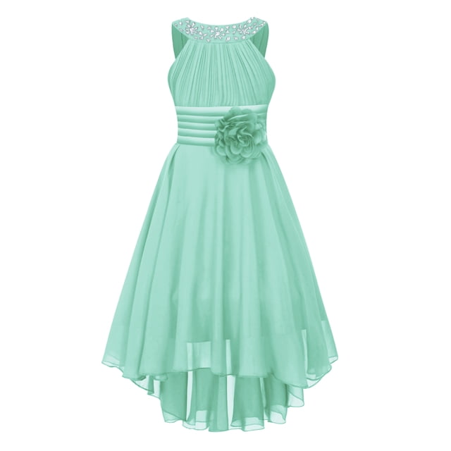 zdhoor Robe de Fête Sans Manches pour Filles, Ornée de Fleurs, Froncée, en Mousseline Brillante Perlée, Ourlet Asymétrique, Vert Menthe, 12