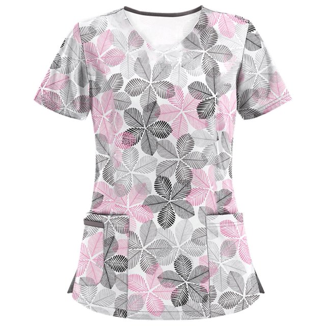 Pompotops Femmes Manches Courtes V-Cou Tops Travaillant Uniforme Blouse