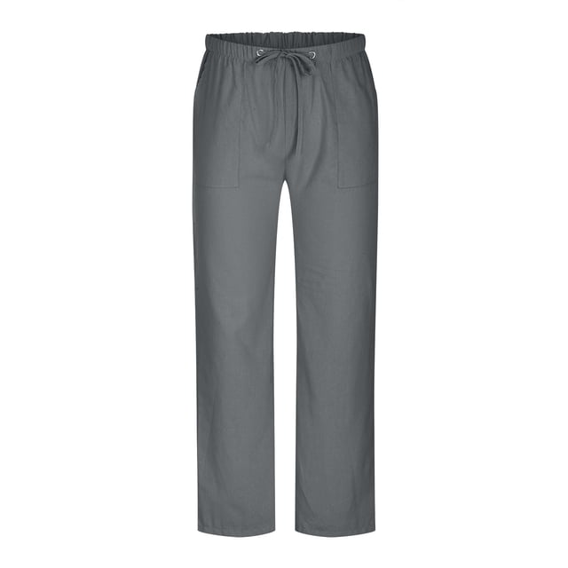 RKSTN Pants for Men Solid Color Casual Elastic Waist Trousers Cotton and Linen Loose Drawstring Pants with Pockets