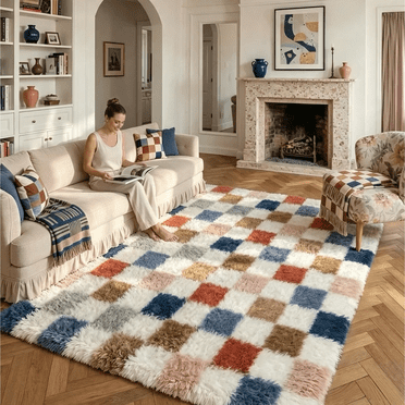 BERTHMEER 5'x8' Shag Area Rugs for Living Room Bedroom Dinning Room Fluffy Checkered Soft Modern Geometric Plush Washable Colorful Rugs Carpets, Multicolor