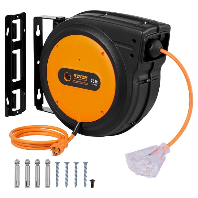 VEVOR Enrouleur de Rallonge Rétractable Enrouleur de Cordon d'Alimentation 75 Pieds 14AWG/3C SJTOW