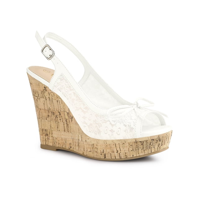 BLISSFUL STEP Women's Shoes Floral Lace Platform Peep Toe Wedge Heel Sandals in white, size 7. These sandals feature a delicate floral lace vamp for a soft, airy feel, a peep toe design for breathability, and a platform wedge heel made of PVC and TPR for stable, all-day support. The cork-textured wedge adds a natural aesthetic, while the adjustable buckle closure ensures a secure fit. Ideal for pairing with sundresses, cropped jeans, or flowy skirts, these sandals are perfect for casual summer outings or daytime events.