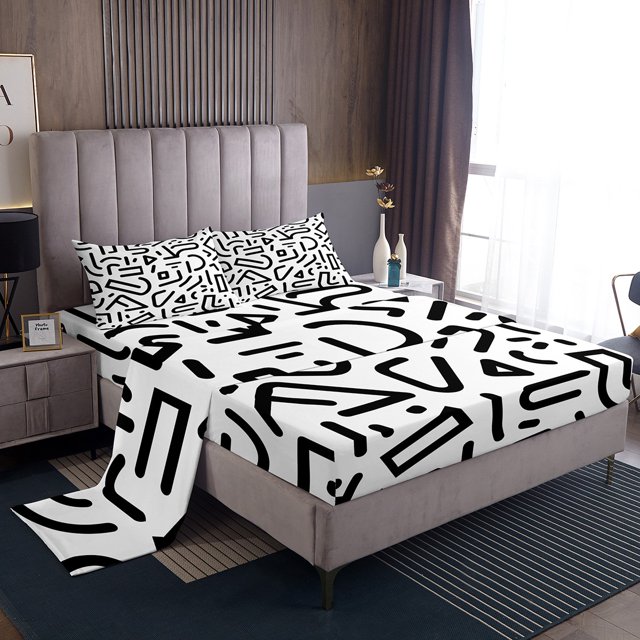 YST Abstract Sheet Set Queen Size,Geometry Pattern Bed Sheets For Teenager,Black White Stripes Bed Sheet Set,Western Art Style Fitted Sheet Lightweight,Comfy Breathable