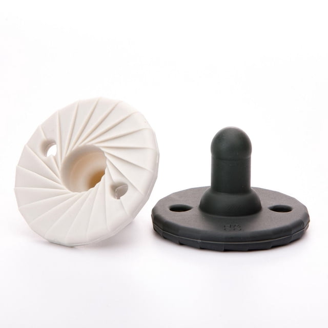 Doddle & Co - Baby, Infant - Tokyo Pop Silicone Pacifier - Stage 2 - Natural Shape - 2 Pack - Dove / Coal showing two pacifiers for babies 3+ months, one dove white with a spiral textured shield and one coal black with a rounded silicone nipple, made from 100% silicone and free of BPA, lead, latex, and phthalates, designed for teething infants.