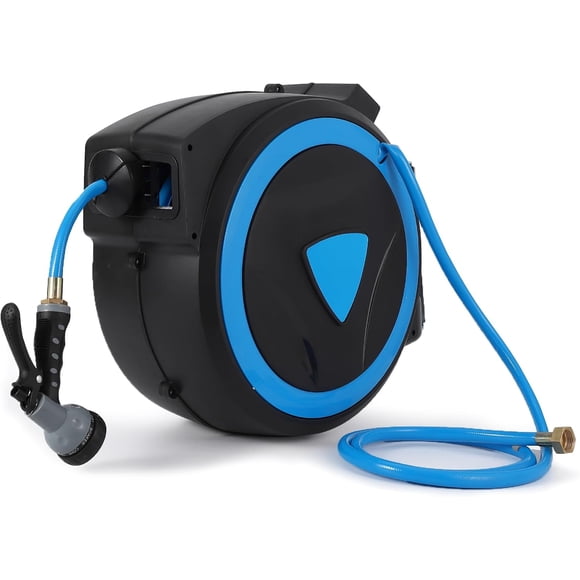 5/8 Inch x 82FT Retractable Garden Hose Reel - Effortless Free Lock, Auto Rewind System, 9-Pattern Spray Nozzle