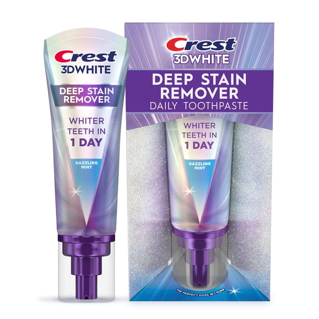 Crest 3DWhite Dentifrice Détachant Profond Menthe Éblouissante en tube de 67 ml iridescent avec Distributeur à Pompe Violet, Montré avec Sa Boîte de Vente au Détail Présentant un Motif Violet et Bleu et des Réclamations de Dents Plus Blanches en 1 Jour, Dentifrice Quotidien Sécuritaire pour l'Émail pour Enlever les Taches et Saveur de Menthe Fraîche.