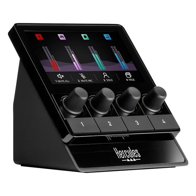 Hercules Stream 100 audio controller with a black angled body featuring a high-brightness LCD screen displaying four volume level meters for microphone, game, chat, and music channels, four black rotary knobs labeled 1 to 4 below the screen with matching rectangular buttons, and the white Hercules logo on the front base, designed for intuitive real-time audio mixing and streaming management.