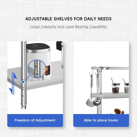 NSF Stainless Steel Work Table - 30x24 Inch - Overshelf, Adjustable Shelf & Hooks - Heavy Duty Commercial Prep Table for Kitchen, Restaurant, Office, Hotel, Workbench + Single-Layer Shelf 30*24