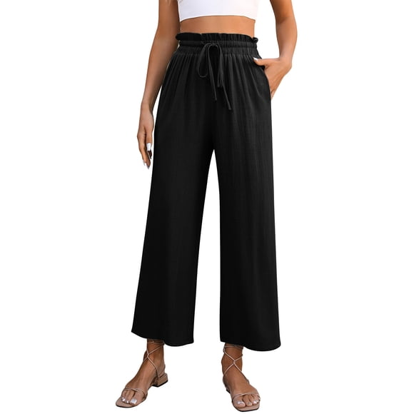 Black Womens Faux Linen Lounge Trousers Pants for Women Loose Fit High Waisted Flare Wide Leg Plain Long Boot Cut Leg Fall Summer Trousers Pants 2025 Clothing Trendy L