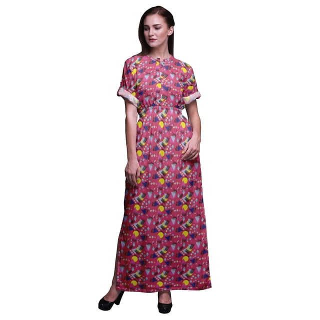 Bimba Rayon Circle & Triangle Geometric Ladies Long Gown Boho Beach Cocktail Party Maxi SlitDress-XSmall