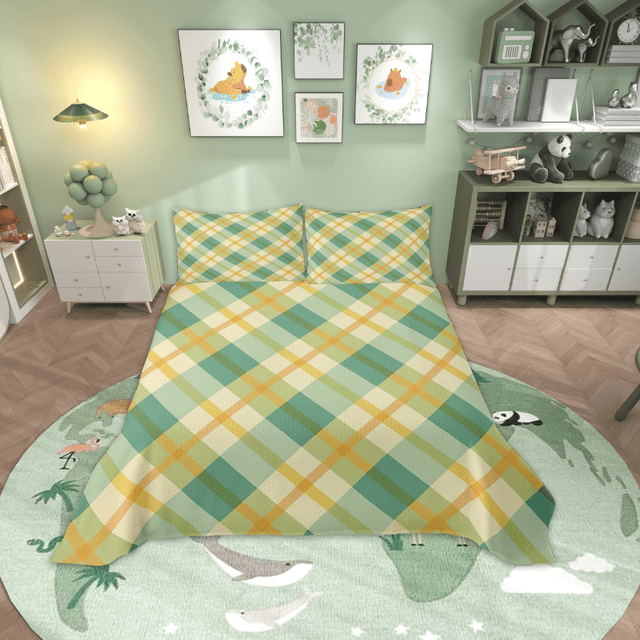 Erosebridal Orange Green Buffalo Plaid Coverlet Set Twin, Geometry Buffalo Bedding Set 2pcs
