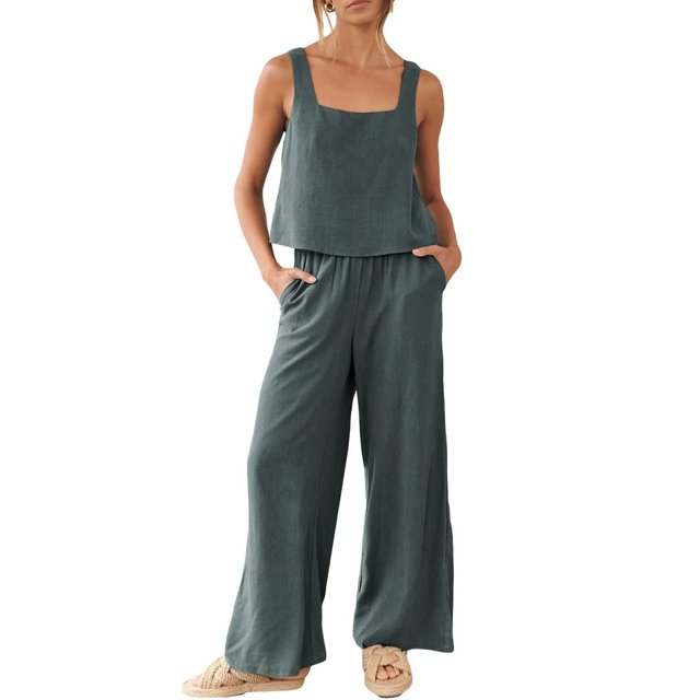 Women‘s 2 Piece Outfits Square Neck Cotton Tank Crop Top Wide Leg Pants Matching Lounge Set Tracksuit Pockets