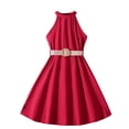 thumbnail image 1 of biudgviw Robe d'Été pour Filles Sans Manches à Col Licou, Épaules Dénudées, Ceinturée, Robe Trapèze Midi Décontractée, Robe Soleil 6-13 Ans, 1 of 3