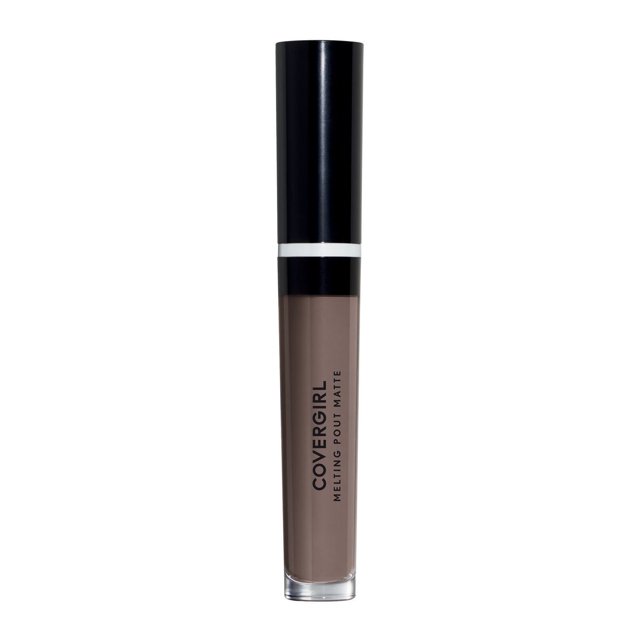 COVERGIRL Melting Pout Rouge à Lèvres Liquide Mat en tube transparent Mince avec Capuchon Noir, Montrant une Couleur de Lèvres Liquide taupe Mate. Il Présente une Formule Longue Tenue et Nourrissante Offrant une Couleur de Lèvres Hautement Pigmentée et Confortable Idéale pour le Maquillage.