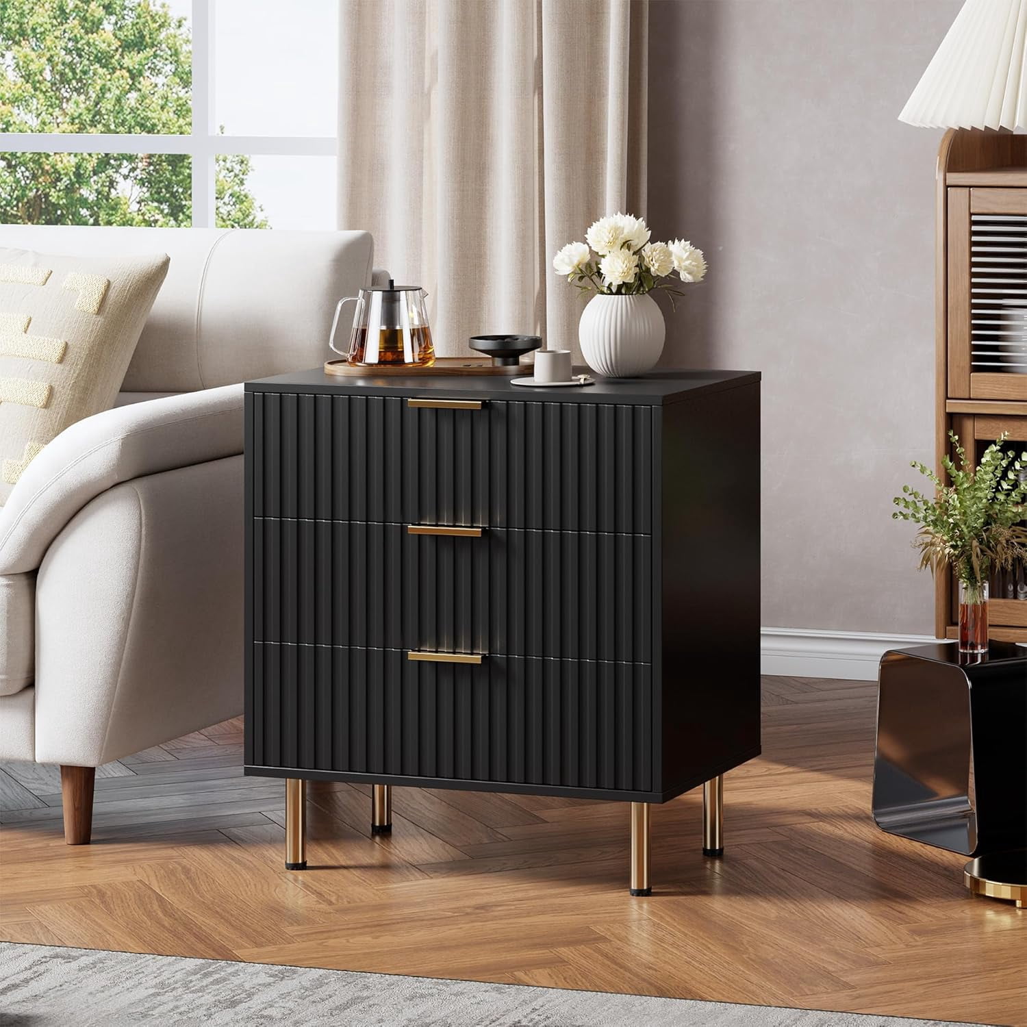 Fluted 3 Drawer Dresser for Bedroom, Modern Nightstand with Deep Drawers, Chest of Drawers with Wide Top, Wooden Dresser Organizer, Side Table for Living Room, Hallway, Kids Room, Black