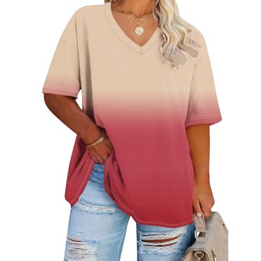 Meichang Womens Plus Size Tunic Tops Summer Short Sleeve V Neck Striped Loose Casual Tee Shirt Trendy Going Out Top