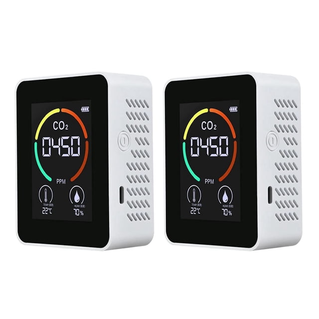 2X Temperature & Humidity Meter, Air Quality Monitor, CO2 Detector, 3-In-1 Digital Air Pollution Carbon Dioxide Detector,2 x Air Quality Analyzer 2 x USB Cable 2 x User Manual,White