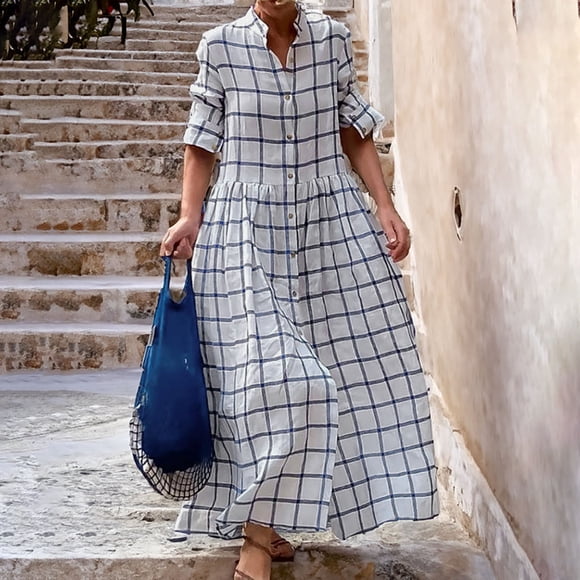 FcBaudy Long Sleeve V-Neck Knee-High Dress,Summer Dresses for Women,Womens Dresses Women's Fashion Turn Down Collar Loose Lattice Long Sleeve Long Dress Women Dress
