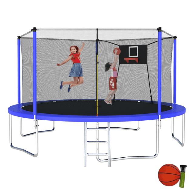 UIOWIO trampoline Récréatif de 14 Pi pour Enfants et Adultes avec Cadre Bleu, Filet de Sécurité, Panier de basketball et Échelle. Conçu pour le Jeu Extérieur, Comprend un Sac de Rangement et une Trousse de basketball. Deux Enfants Sautent et Jouent au basketball à l'Intérieur du trampoline.